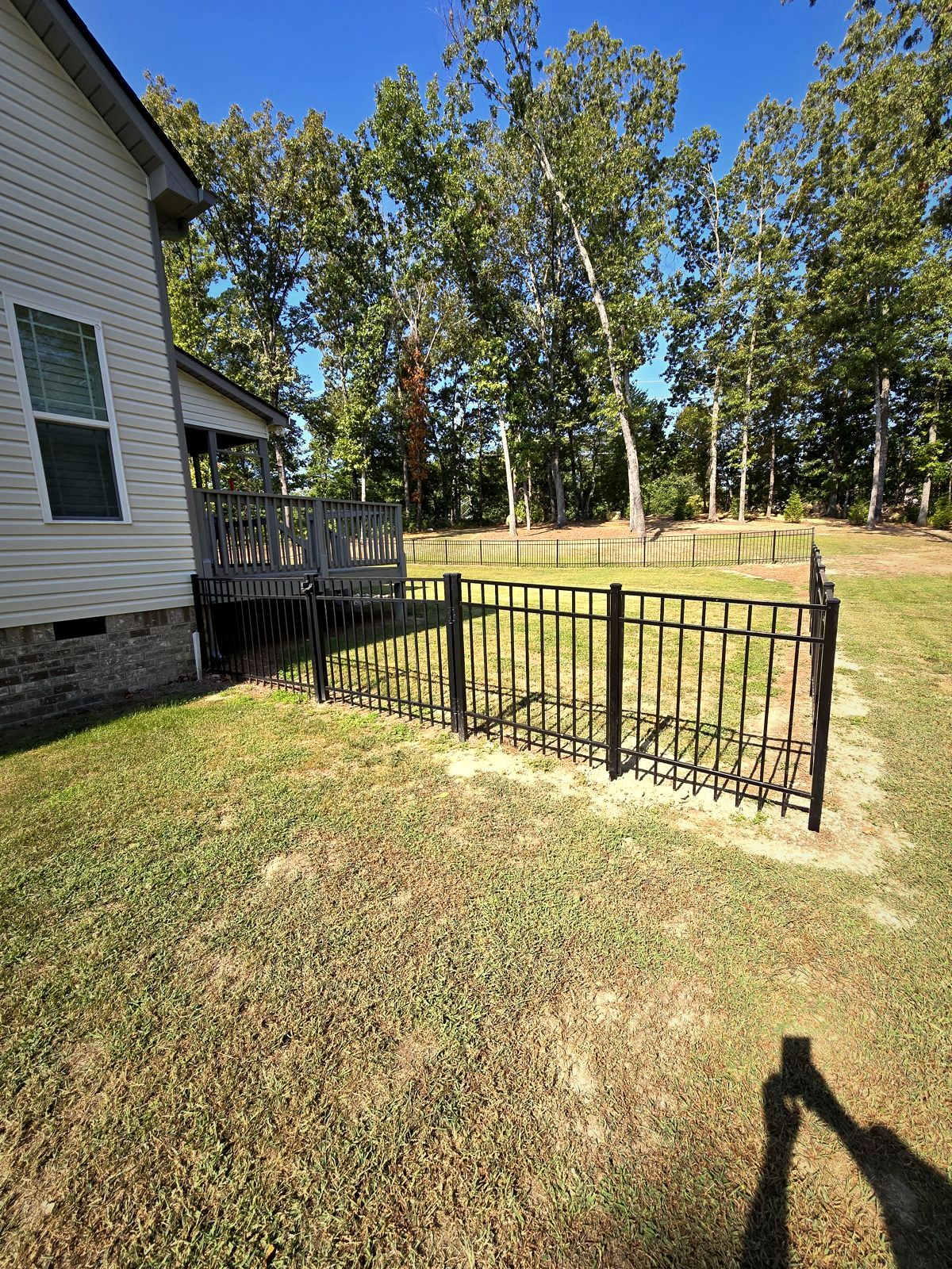 Black aluminum fence enclosing a side yard