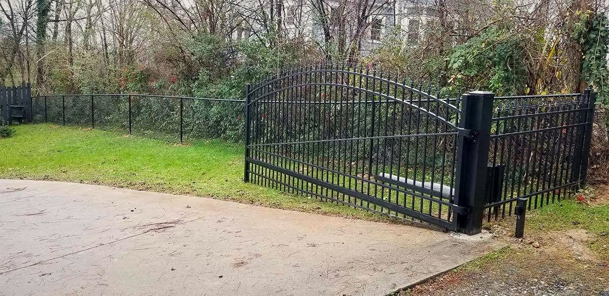 Black aluminum double driveway gate