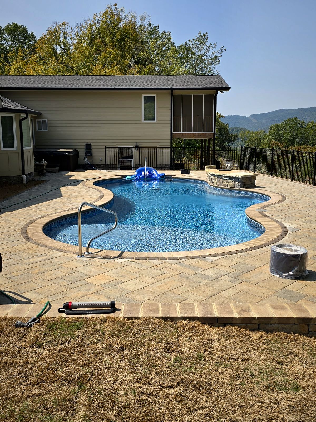 Black aluminum fence around a backyard pool and patio