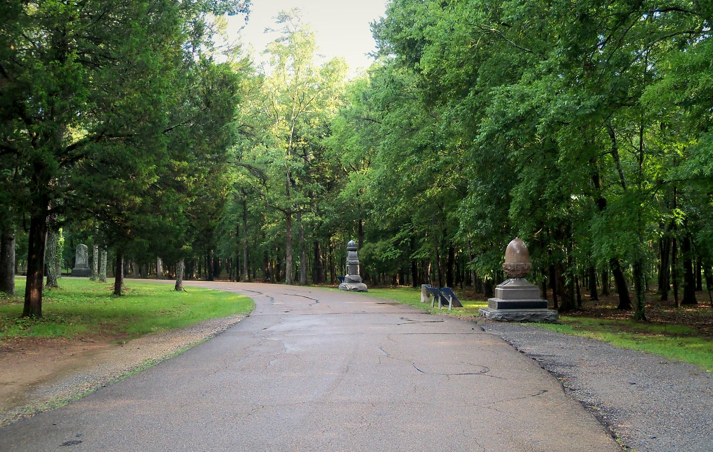 Monuments along tree-shaded Battleline Road in the Chickamauga battlefield, Georgia