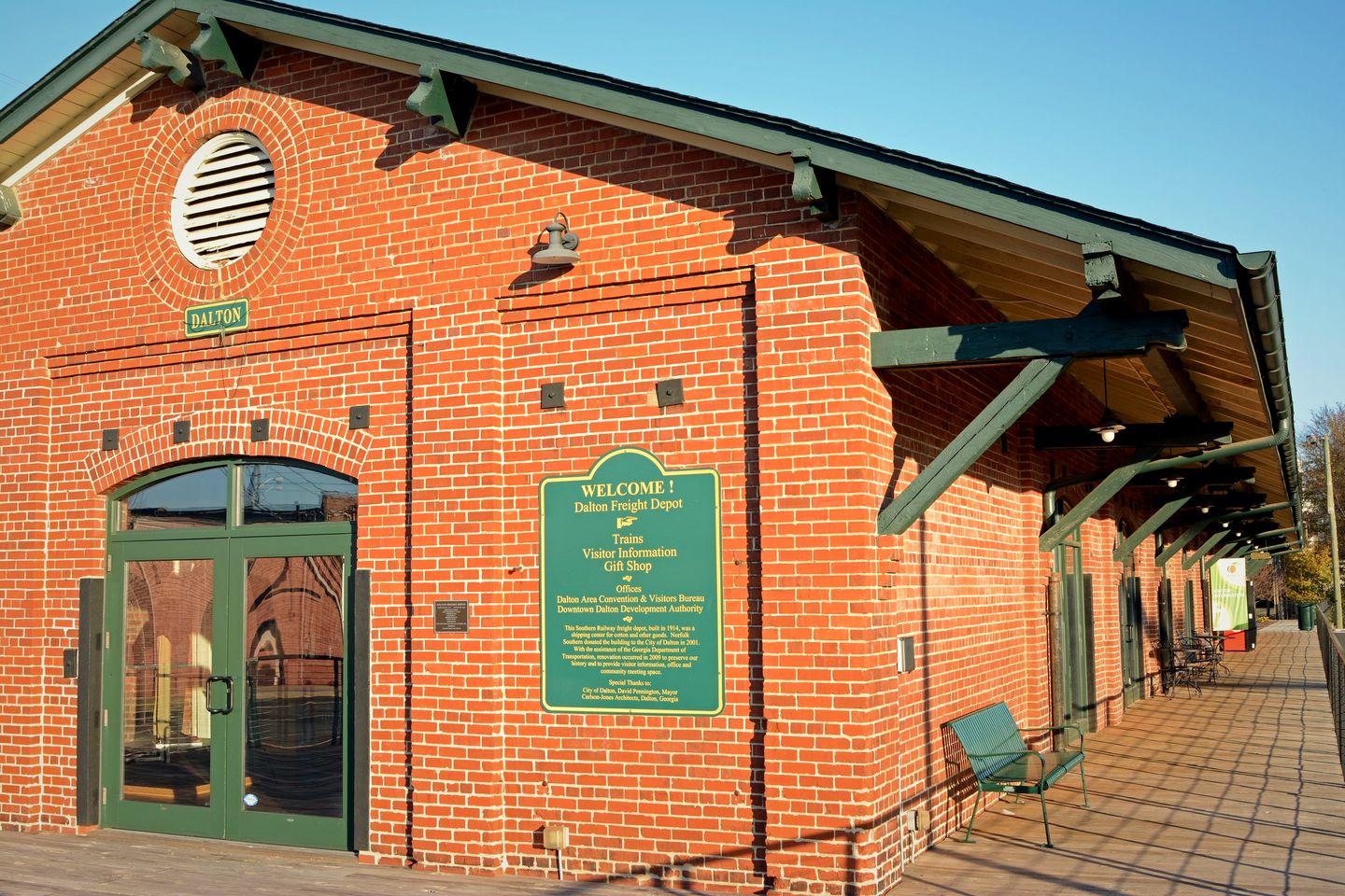 The brick Dalton Freight Depot in downtown Dalton, Georgia, on a sunny morning