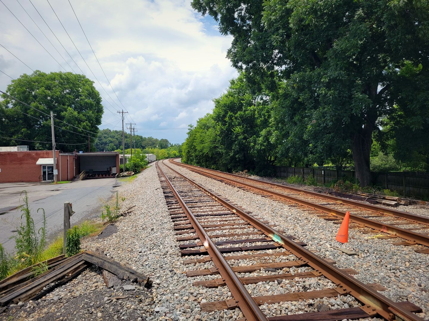 The railroad through Resaca, Georgia, lined with tall shade trees