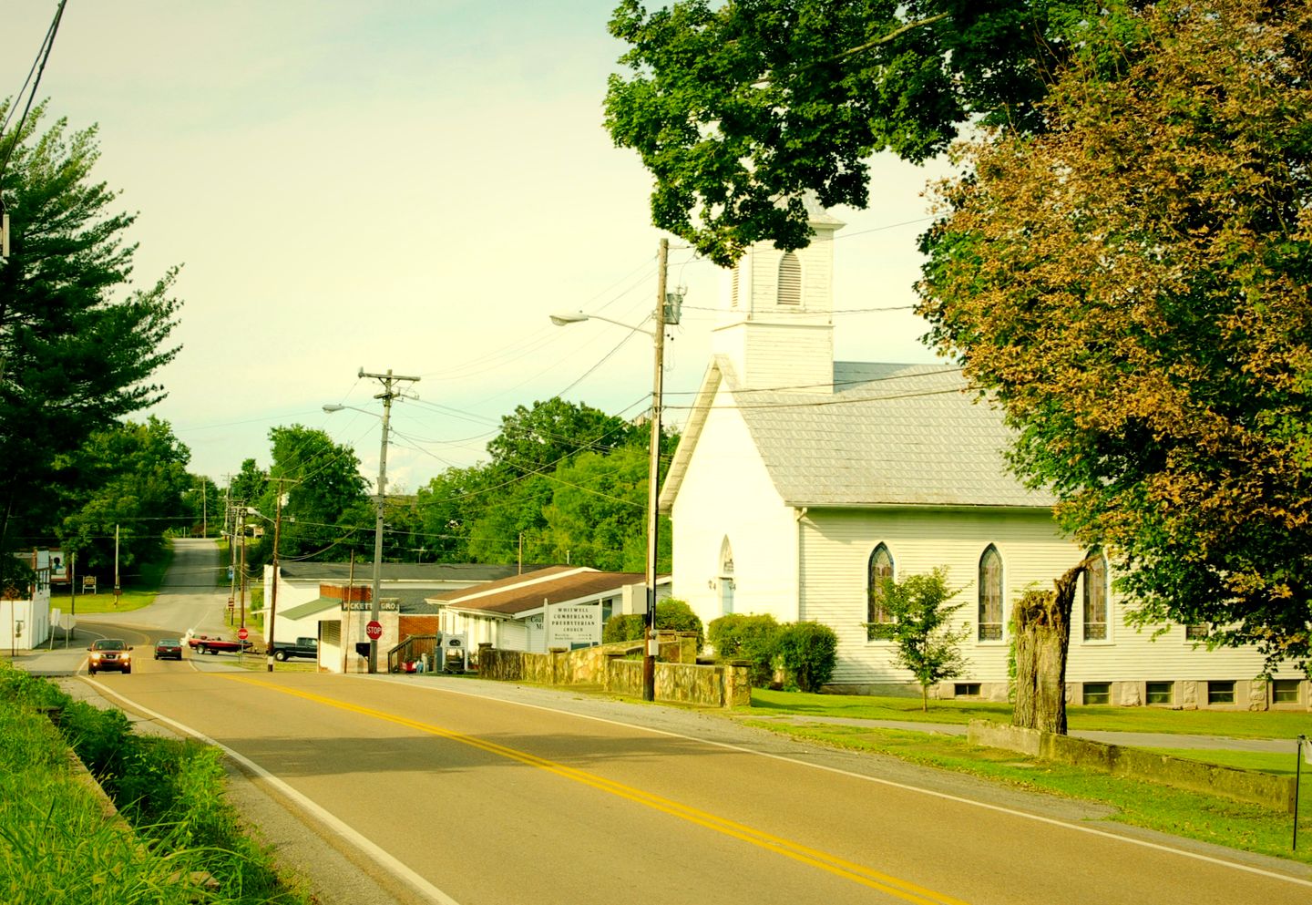 South Main Street in Whitwell, Tennessee, beside the white Whitwell Cumberland Presbyterian Church