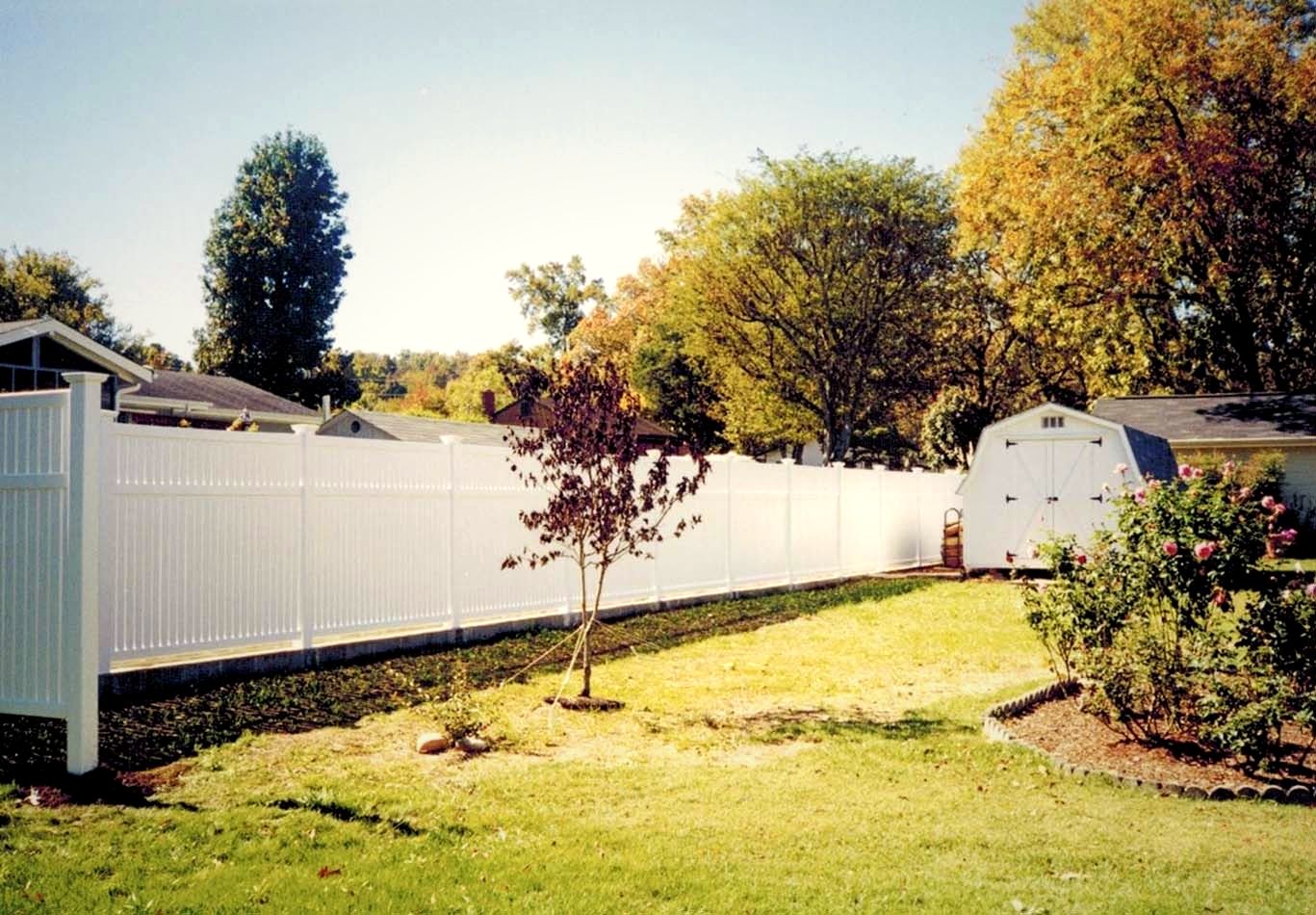 White vinyl privacy fence around a backyard with autumn trees