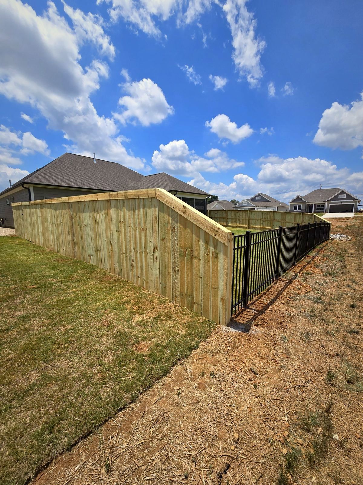 Wood privacy fence meeting a black aluminum fence